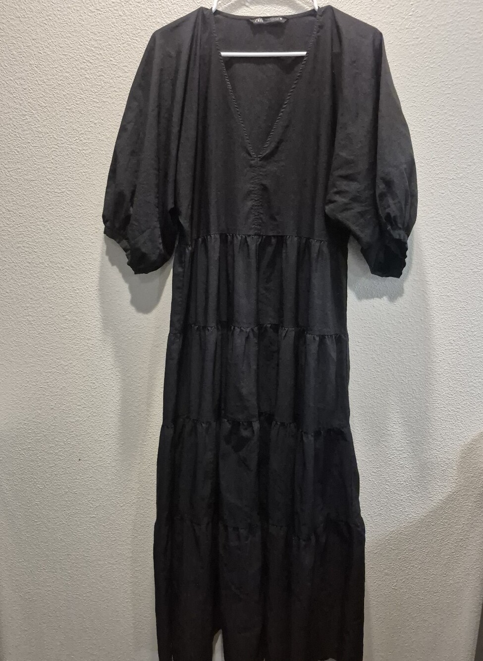 Zara Black Tiered Midi/Maxi Dress with Puff Sleeves